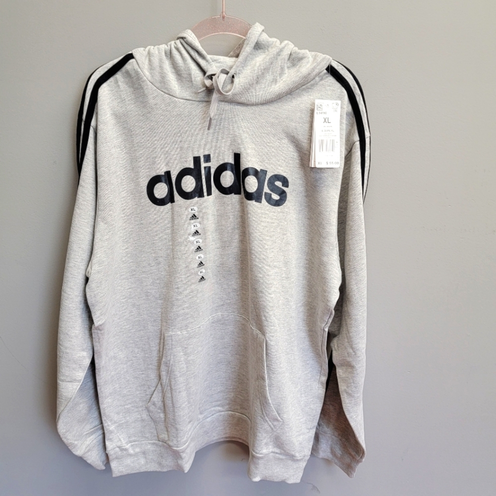Adidas NWT Logo Gray Hoodie with Black Striped Sleeves